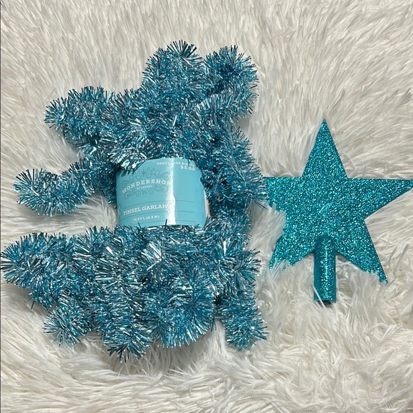 🩶5/$30 Wondershop by Target Aqua Blue Tinsel Garland & Glitter Star Tree Topper - Picture 1 of 9